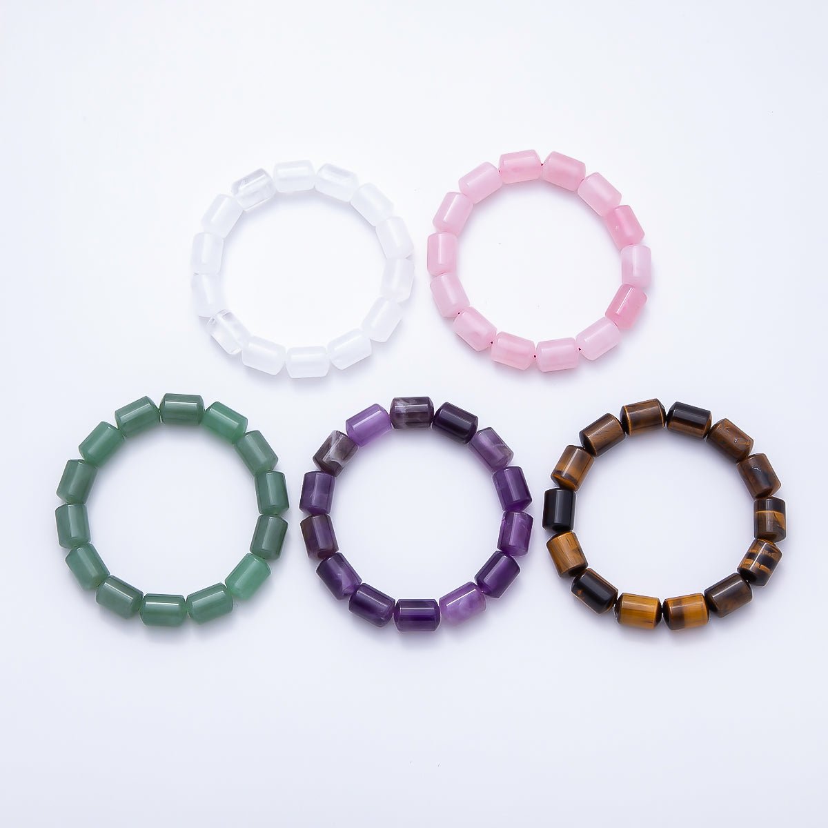 16K Gold Filled 10mm Clear Quartz, Amethyst, Aventurine, Rose Quartz, Tiger Eye Tube Gemstone Stretch Bracelet | WA-02243 ~ WA-02296 - DLUXCA