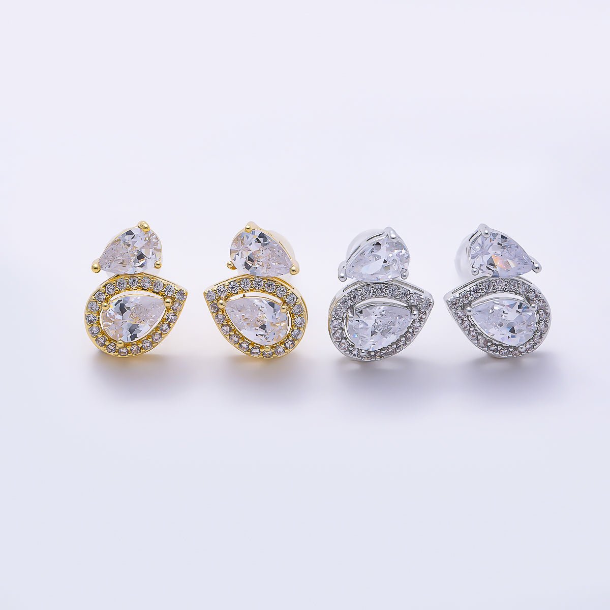 16K Gold Filled 10mm Clear Teardrop Micro Paved CZ Bezel Stud in Gold & Silver | Earrings-00773 Earrings-00774 - DLUXCA