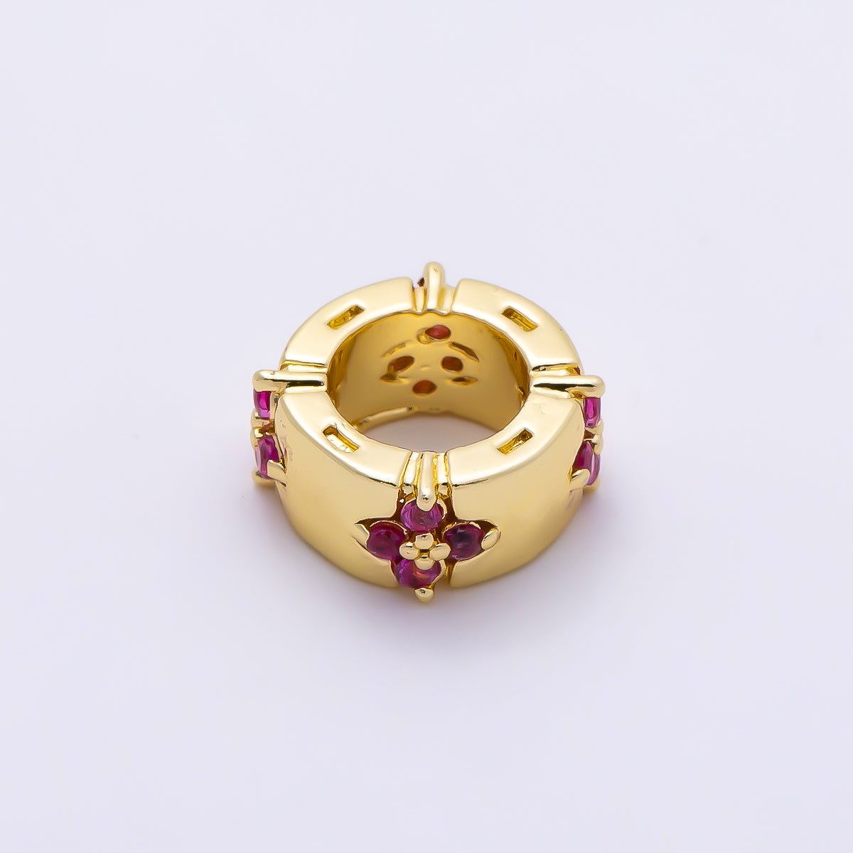 16K Gold Filled 10mm Fuchsia CZ Flower Clover Rondelle Bead | Beads-00488 - DLUXCA