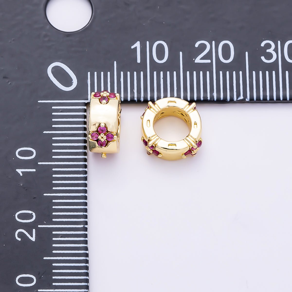 16K Gold Filled 10mm Fuchsia CZ Flower Clover Rondelle Bead | Beads-00488 - DLUXCA