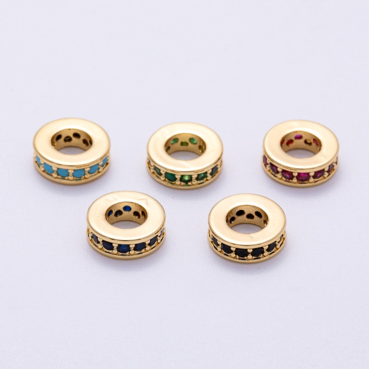 16K Gold Filled 10mm Green, Fuchsia, Blue, Turquoise, Black Micro Paved CZ Round Mini Spacer Rondelle | Beads - 00243 - Beads - 00247 - DLUXCA