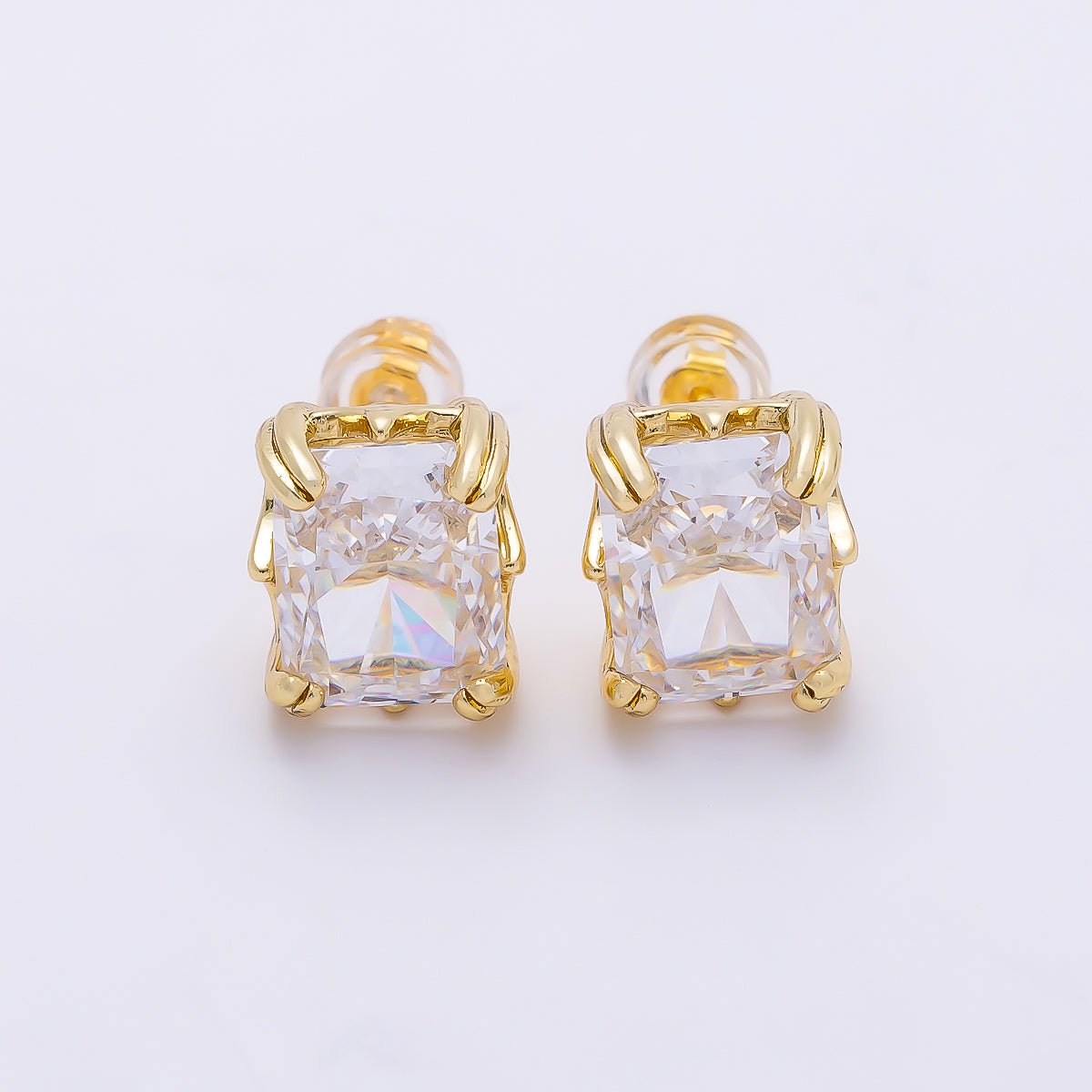 16K Gold Filled 11.5mm Clear CZ Baguette Claw Prong Stud | Earrings-00693 - DLUXCA