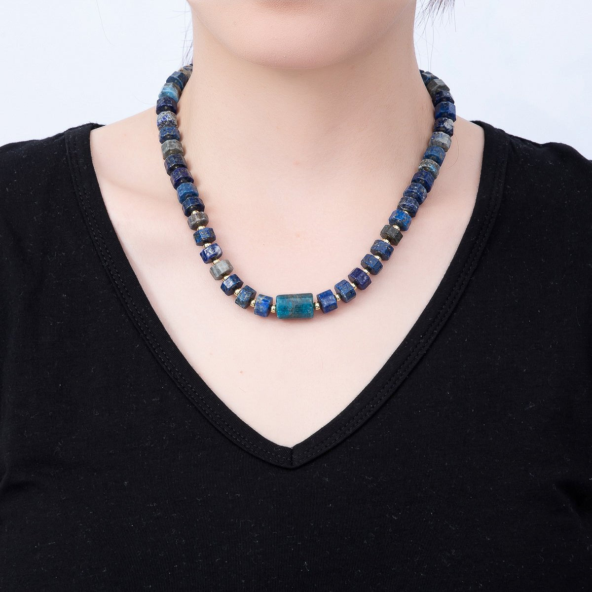 16K Gold Filled 11.5mm Lapis Lazuli Tube Bead Gemstone Chain 18 Inch Necklace | WA-01038 - DLUXCA