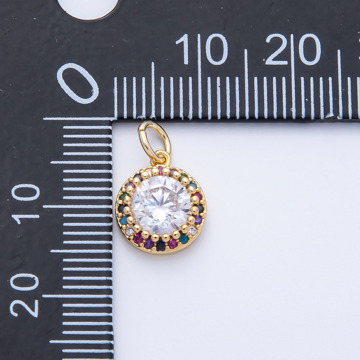 16K Gold Filled 11.5mm Multicolor Clear Micro Paved CZ Round Charm | Charms - 00391 - DLUXCA