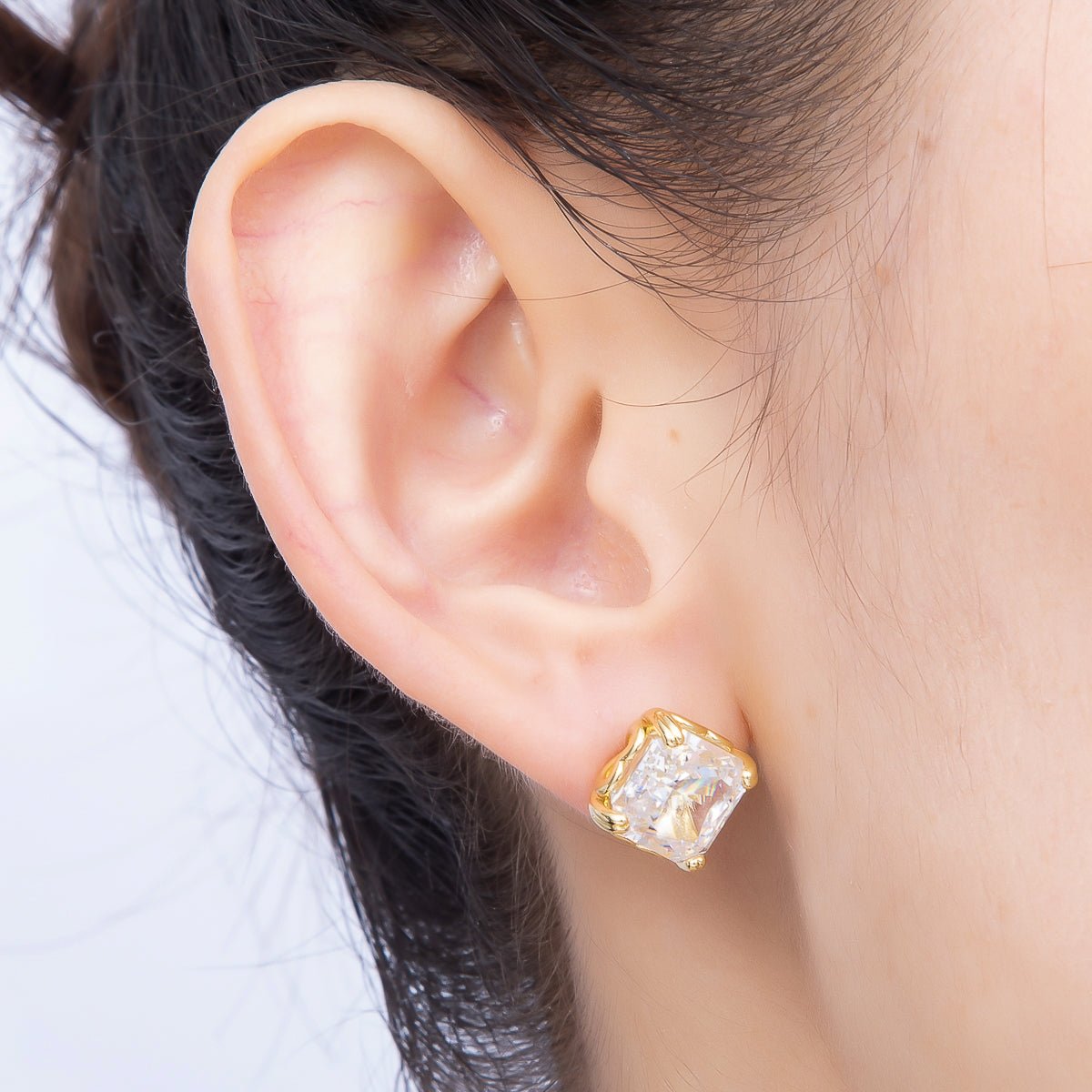 16K Gold Filled 11mm Clear CZ Baguette Square Prong Stud | Earrings-00678 - DLUXCA