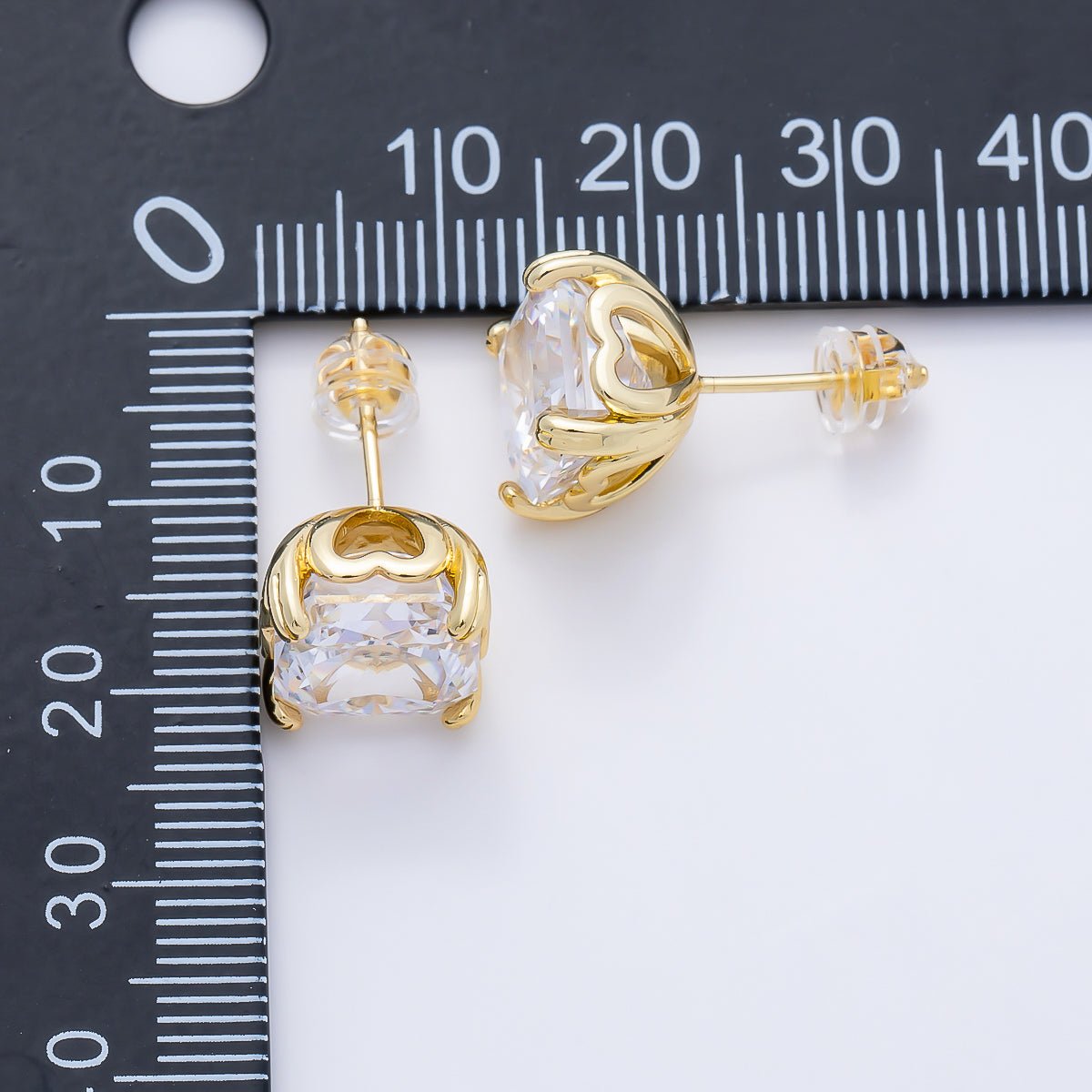 16K Gold Filled 11mm Clear CZ Baguette Square Prong Stud | Earrings-00678 - DLUXCA