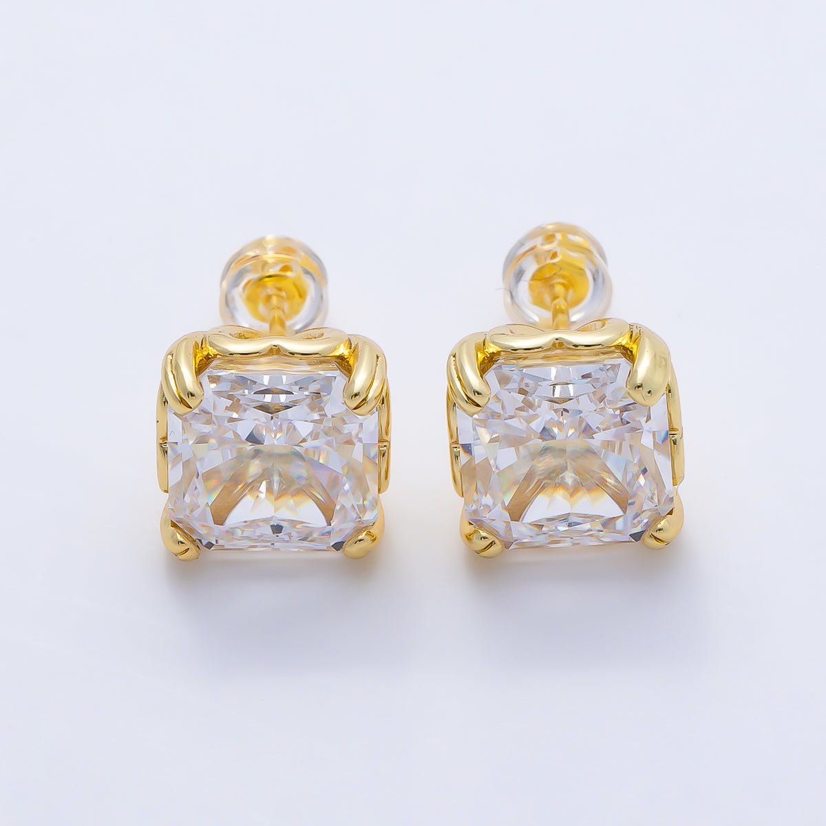 16K Gold Filled 11mm Clear CZ Baguette Square Prong Stud | Earrings-00678 - DLUXCA