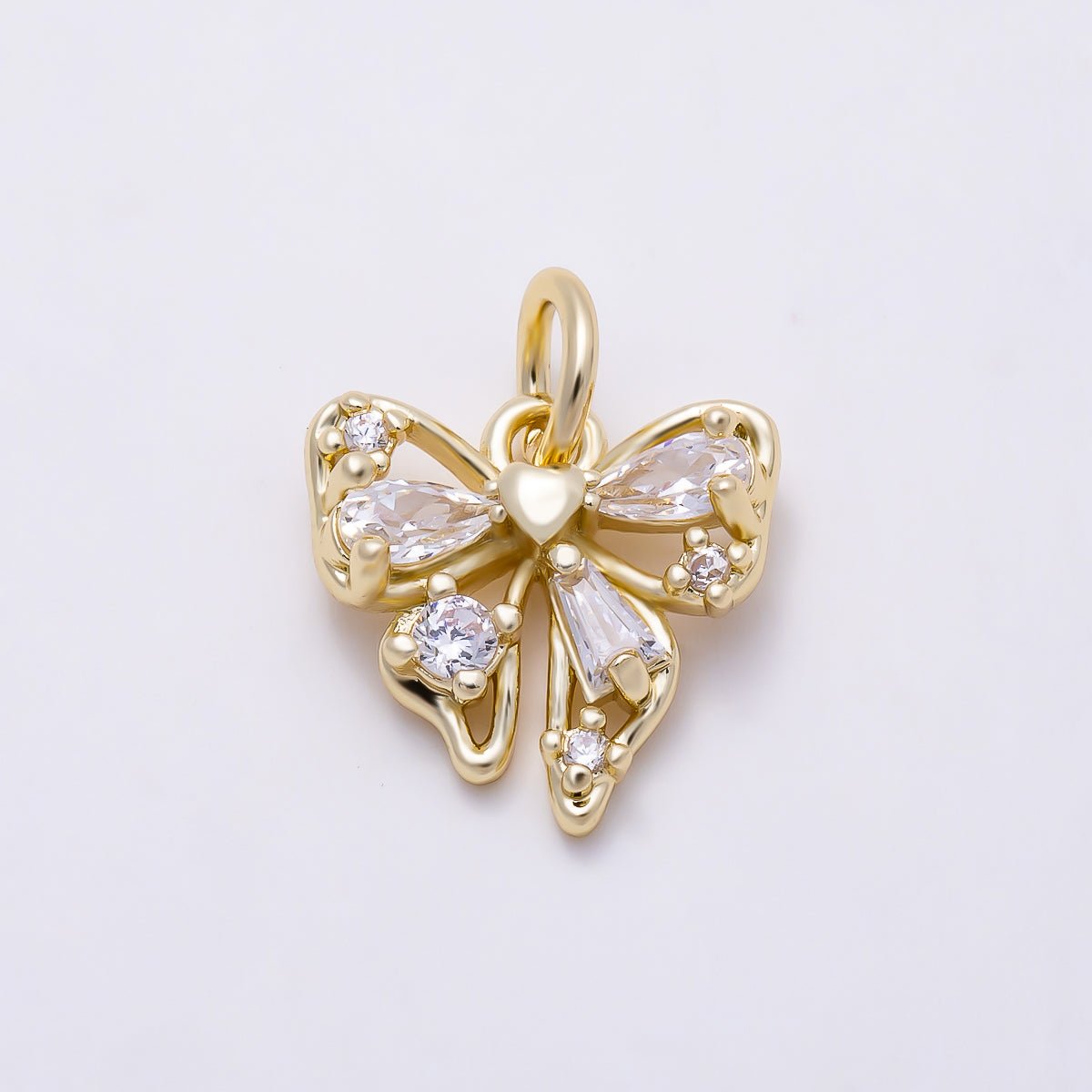 16K Gold Filled 11mm Clear CZ Cluster Coquette Ribbon Bow Open Charm | Charms-01606 - DLUXCA