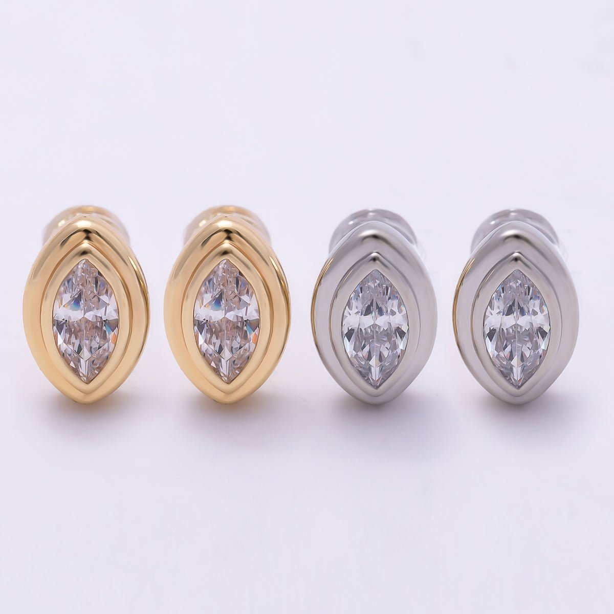 16K Gold Filled 11mm Clear CZ Marquise Bezel Stud Earrings in Gold & Silver | Earrings-00423 Earrings-00424 - DLUXCA