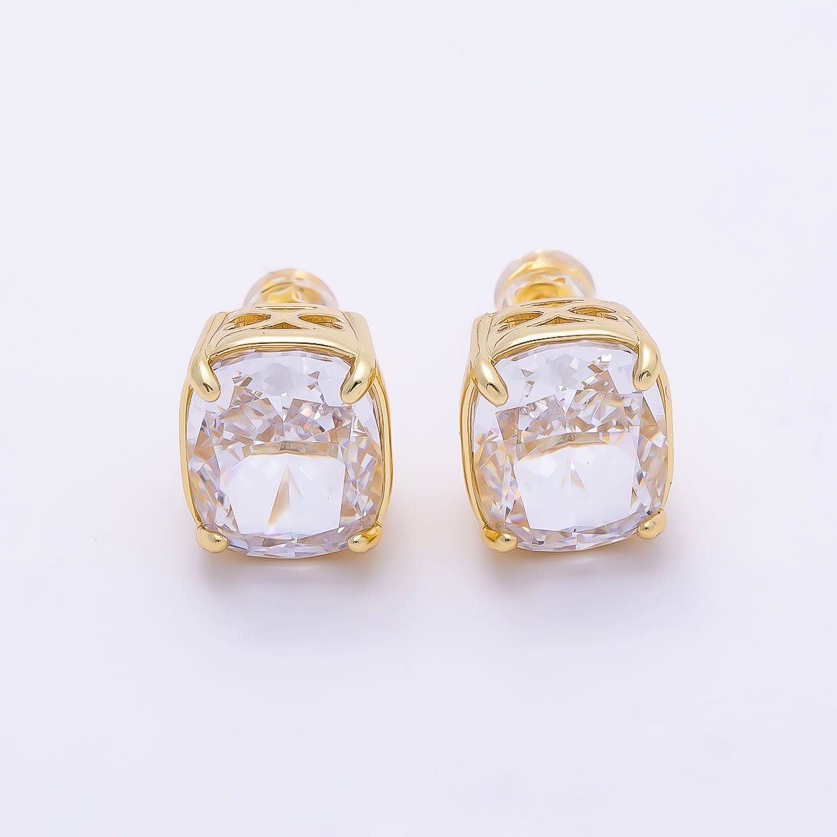 16K Gold Filled 11mm Clear CZ Rounded Oval Baguette Prong Stud | Earrings-00694 - DLUXCA