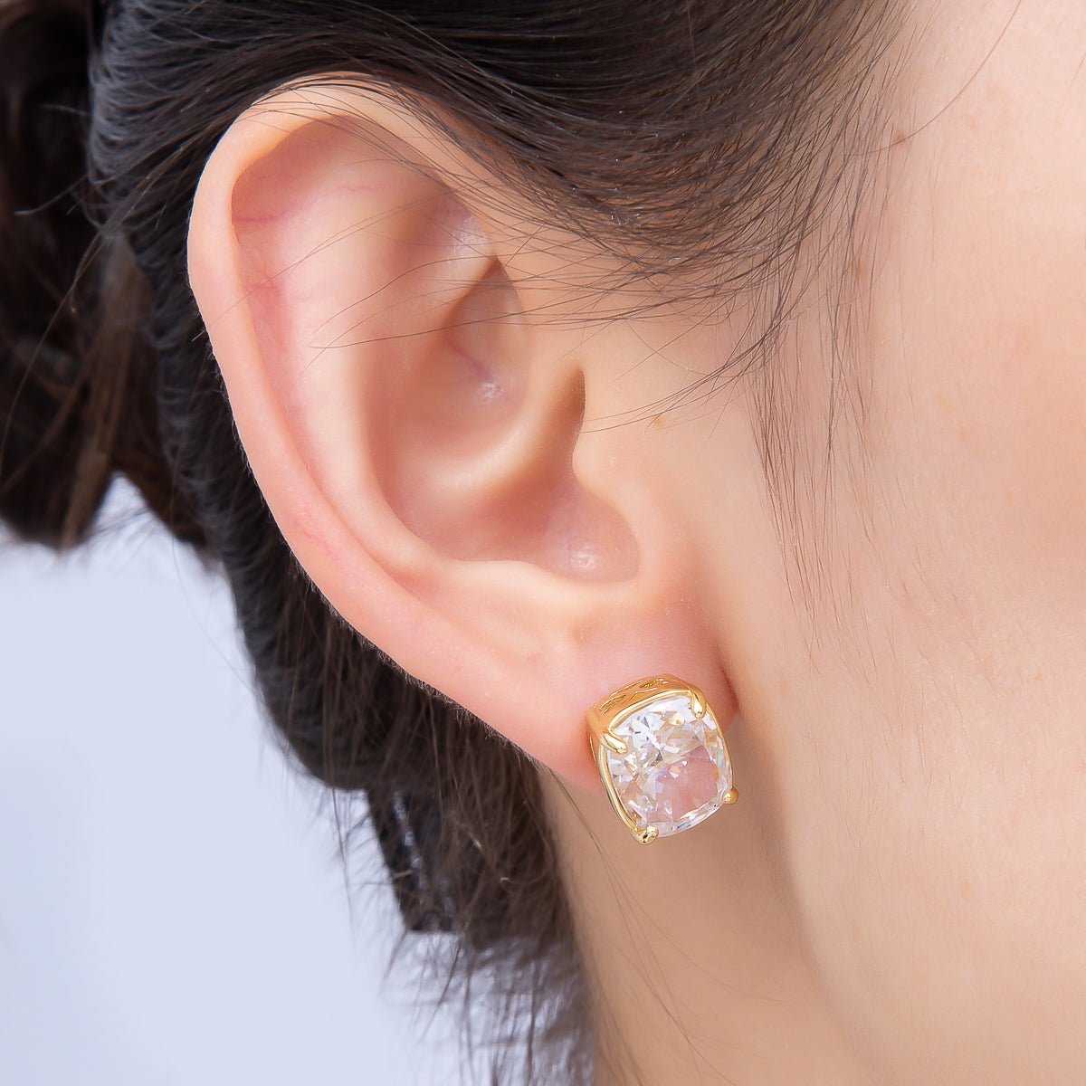 16K Gold Filled 11mm Clear CZ Rounded Oval Baguette Prong Stud | Earrings-00694 - DLUXCA