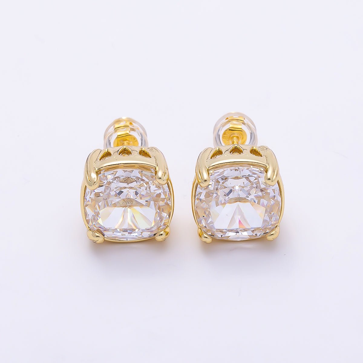 16K Gold Filled 11mm Clear CZ Rounded Square Baguette Prong Stud | Earrings-00692 - DLUXCA