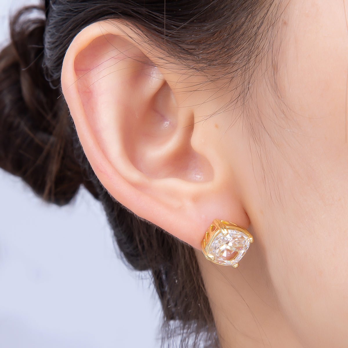16K Gold Filled 11mm Clear CZ Rounded Square Baguette Prong Stud | Earrings-00692 - DLUXCA