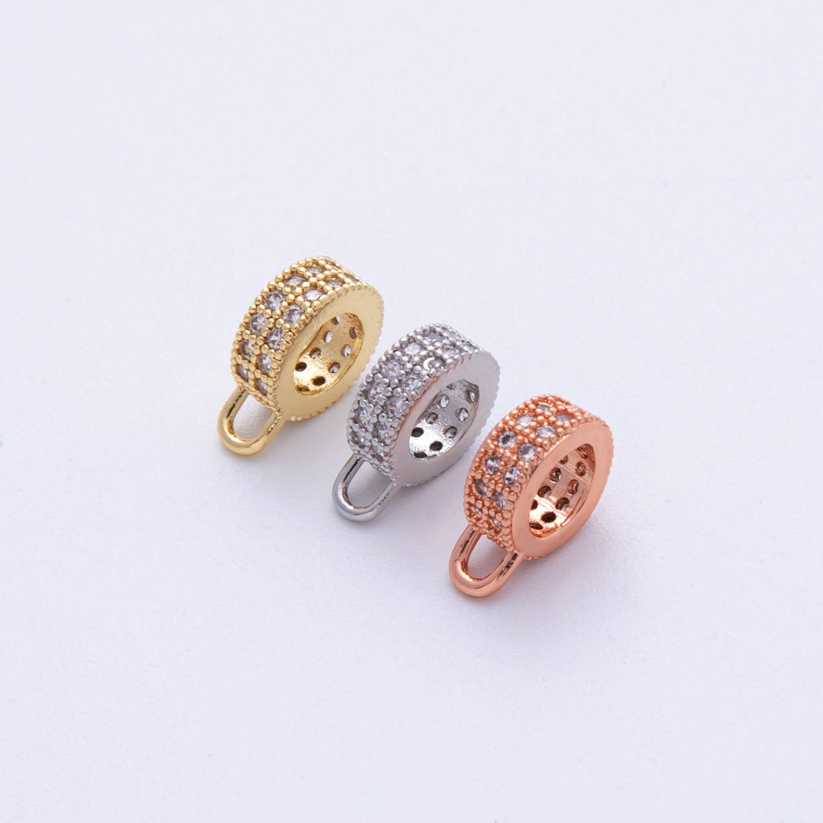 16K Gold Filled 11mm Double Micro Paved CZ Rondelle Loop Drop Finding in Gold, Silver and Rose Gold | Findings 00024 - 00026 - DLUXCA