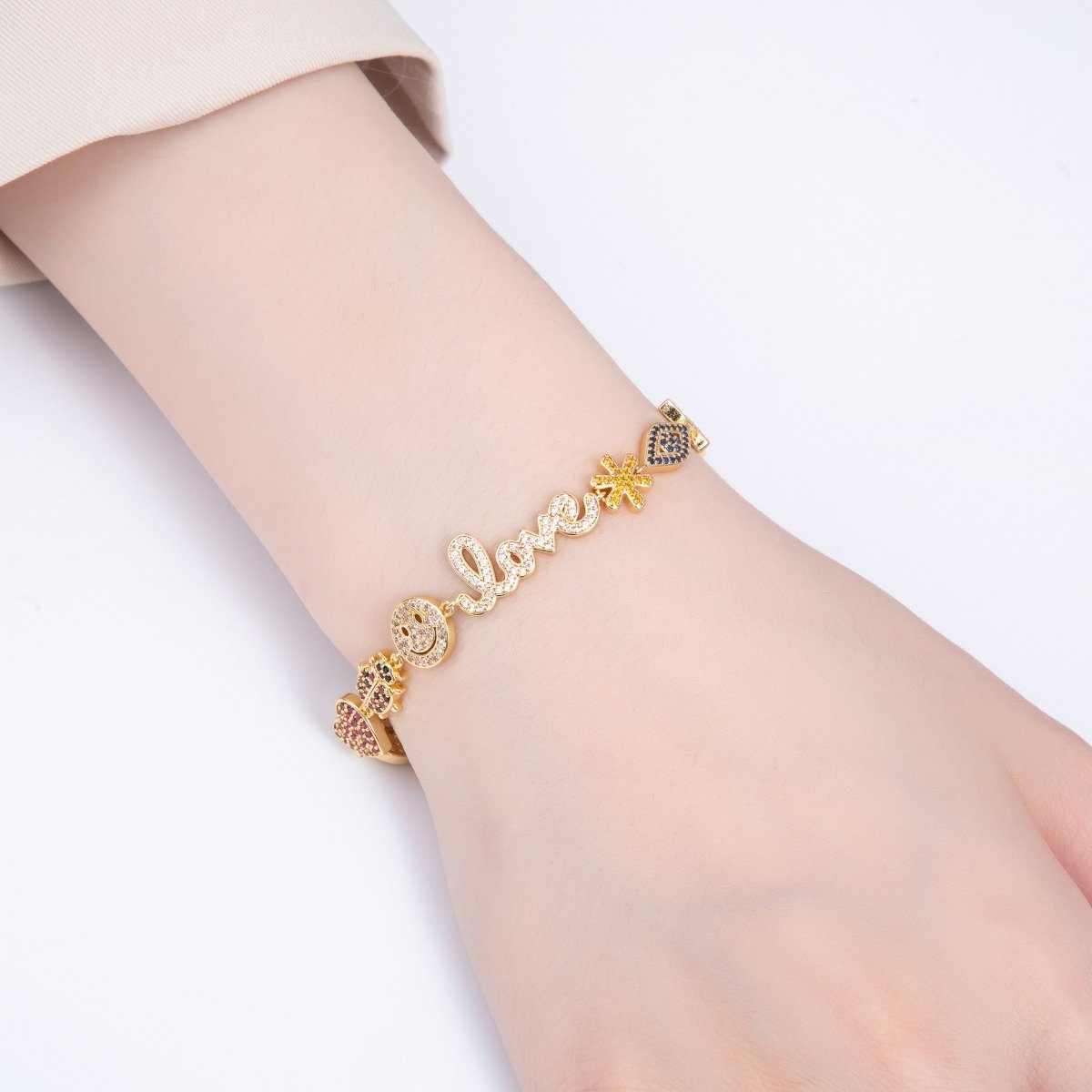 16K Gold Filled 11mm "Love" Multicolor Micro Paved 5 Inch Charm Bracelet | WA - 04044 - DLUXCA