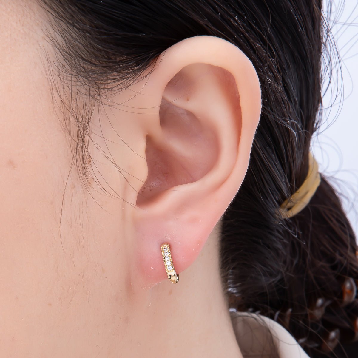 16K Gold Filled 11mm Micro Paved CZ Ribbed Cartilage Huggies Earrings | Earrings-00442 - DLUXCA