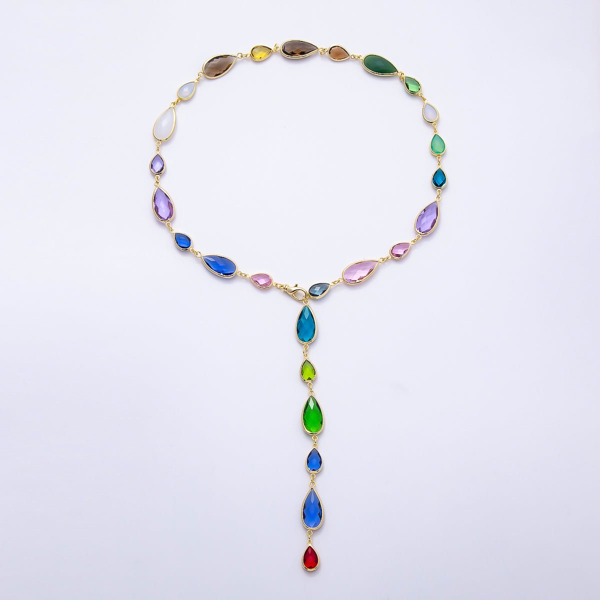 16K Gold Filled 11mm Multicolor Teardrop Bezel Station CZ Crystal Lariat 25 Inch Necklace | WA-00413 - DLUXCA