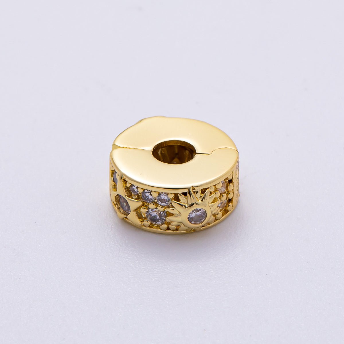 16K Gold Filled 11mm Snap Clip Open Micro Paved CZ Celestial Sun Star Spacer Rondelle | Beads - 00232 - DLUXCA