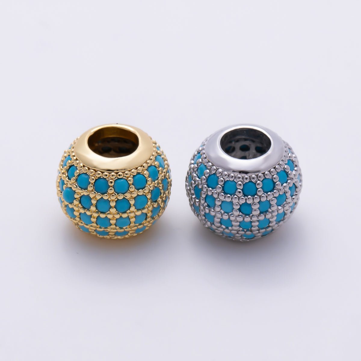 16K Gold Filled 11mm Turquoise Micro Paved CZ Grid Rondelle European Spacer Bead in Gold & Silver | Beads-00560 Beads-00561 - DLUXCA