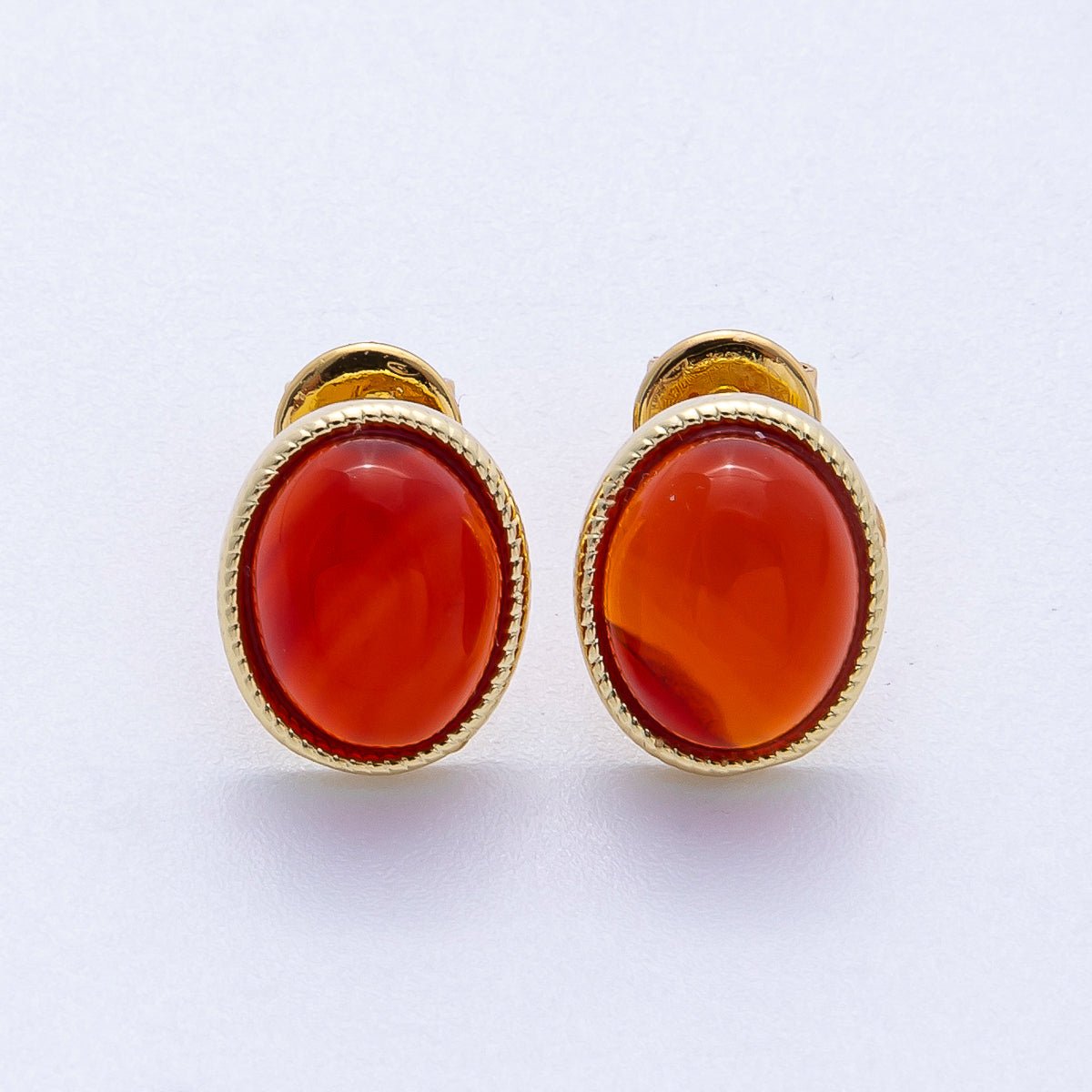 16K Gold Filled 12mm Amazonite, Carnelian, Green Agate, Labradorite Oval Gemstone Bezel Stud Earrings | EARRINGS - 00234 - EARRINGS - 00237 - DLUXCA