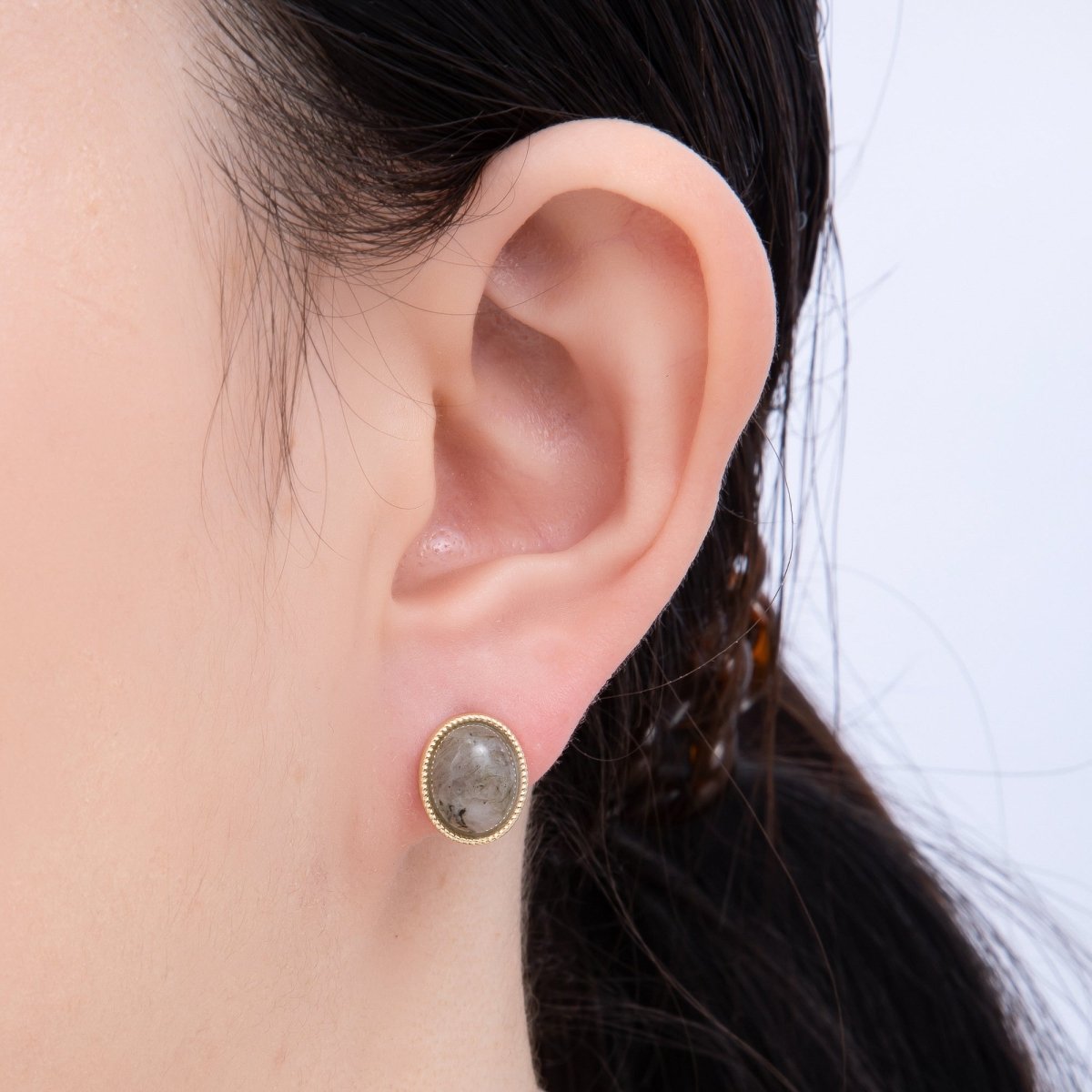 16K Gold Filled 12mm Amazonite, Carnelian, Green Agate, Labradorite Oval Gemstone Bezel Stud Earrings | EARRINGS - 00234 - EARRINGS - 00237 - DLUXCA
