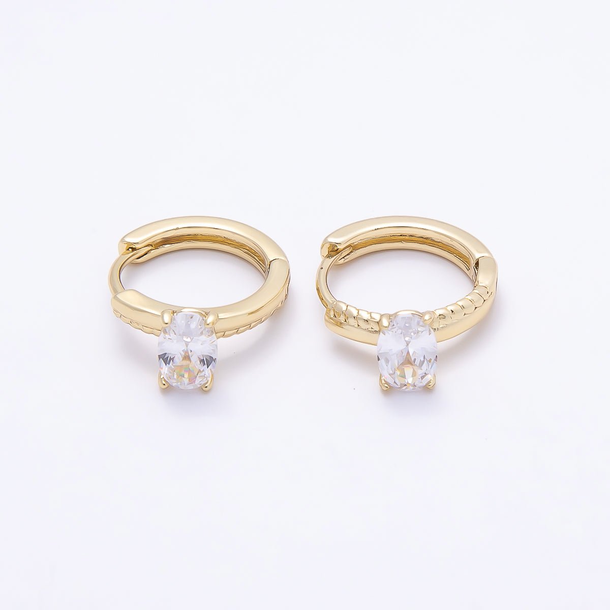 16K Gold Filled 12mm Clear Oval CZ Solitaire Half Croissant Cartilage Huggie Earrings | Earrings-00448 - DLUXCA
