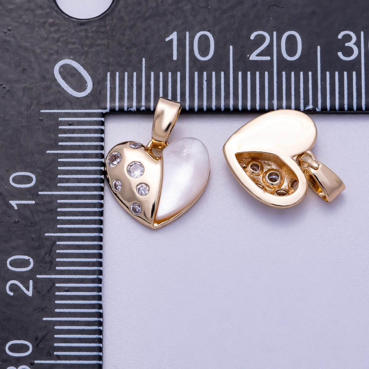 16K Gold Filled 12mm Mother Of Pearl CZ Half Love Heart Charm | Charms - 00592 - DLUXCA