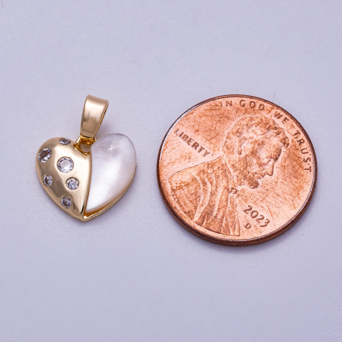 16K Gold Filled 12mm Mother Of Pearl CZ Half Love Heart Charm | Charms - 00592 - DLUXCA