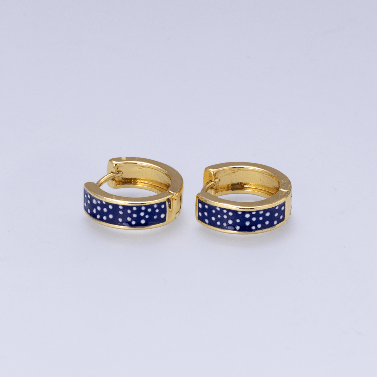 16K Gold Filled 12mm Polka Dotted Blue Enamel Huggie | Earrings-00653 - DLUXCA