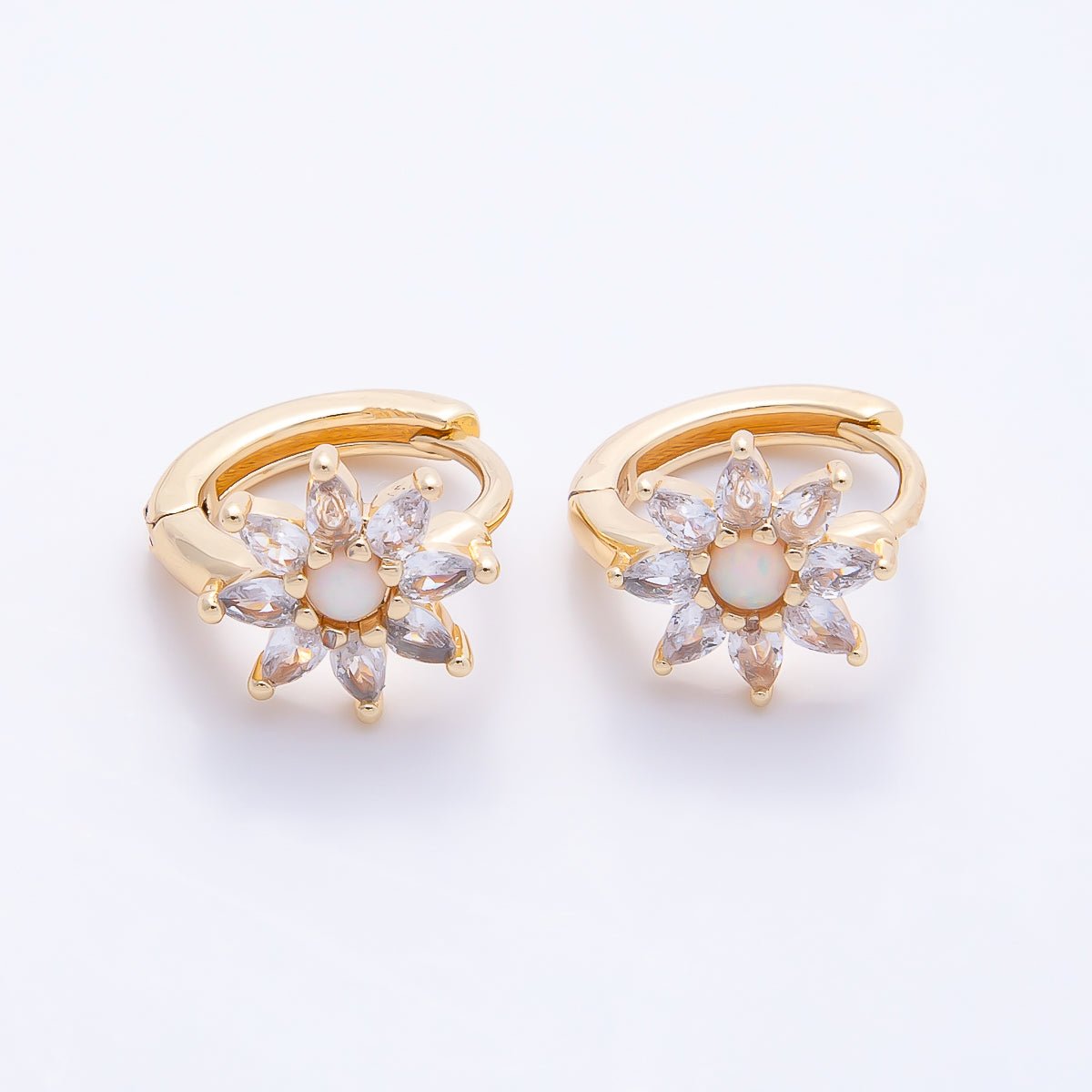 16K Gold Filled 13.5mm White Opal Marquise CZ Flower Cartilage Huggie | Earrings-00672 - DLUXCA