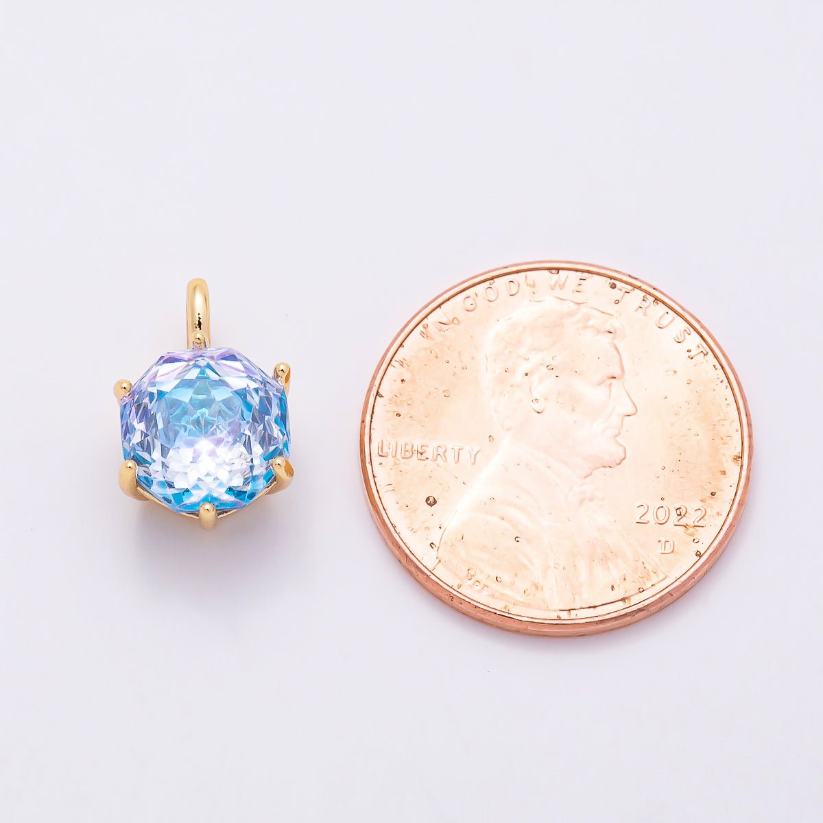 16K Gold Filled 13mm Blue, Pink, Purple, Clear, Yellow Round CZ Solitaire Charm | Charms-01062 ~ Charms-01068 - DLUXCA