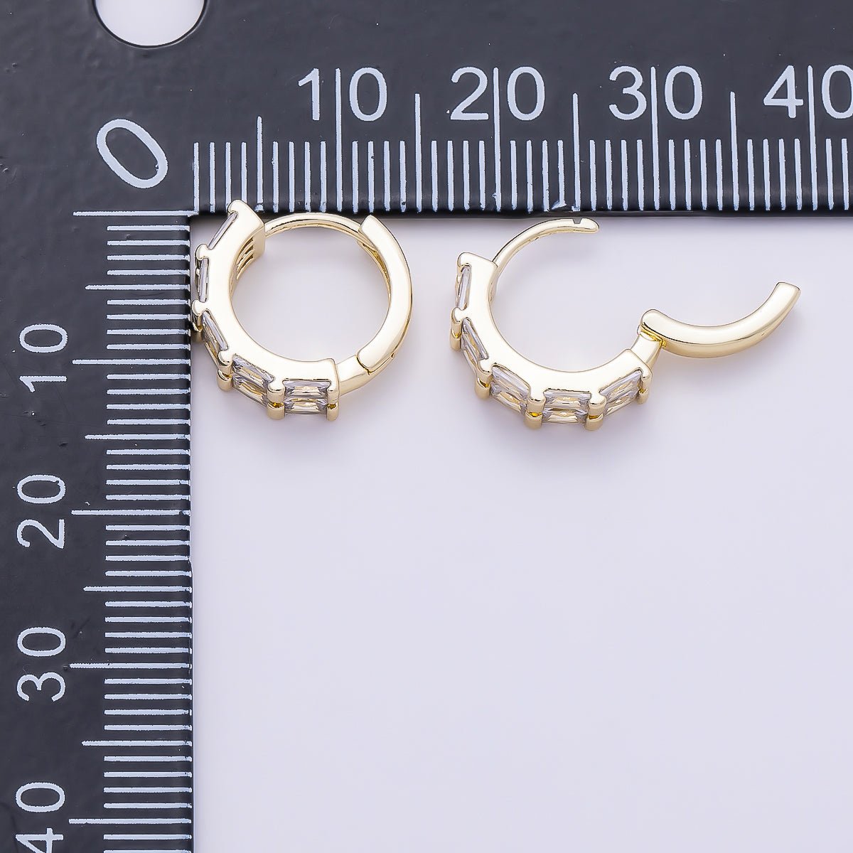 16K Gold Filled 13mm Clear CZ Double Baguette Huggie Hoop | Earrings-00683 - DLUXCA