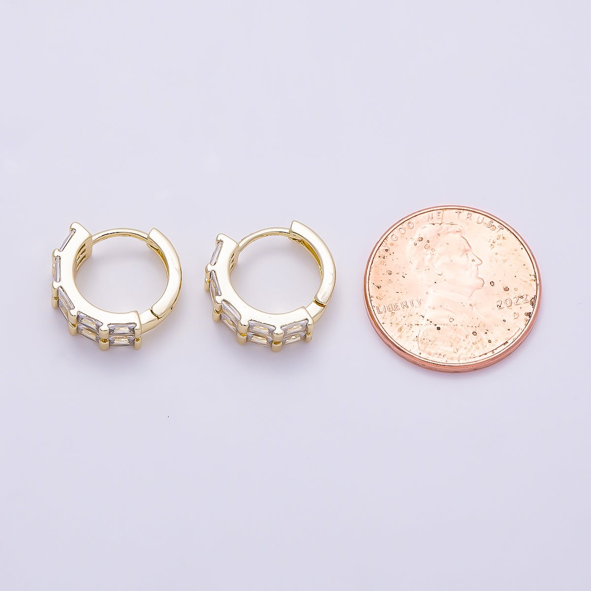 16K Gold Filled 13mm Clear CZ Double Baguette Huggie Hoop | Earrings-00683 - DLUXCA