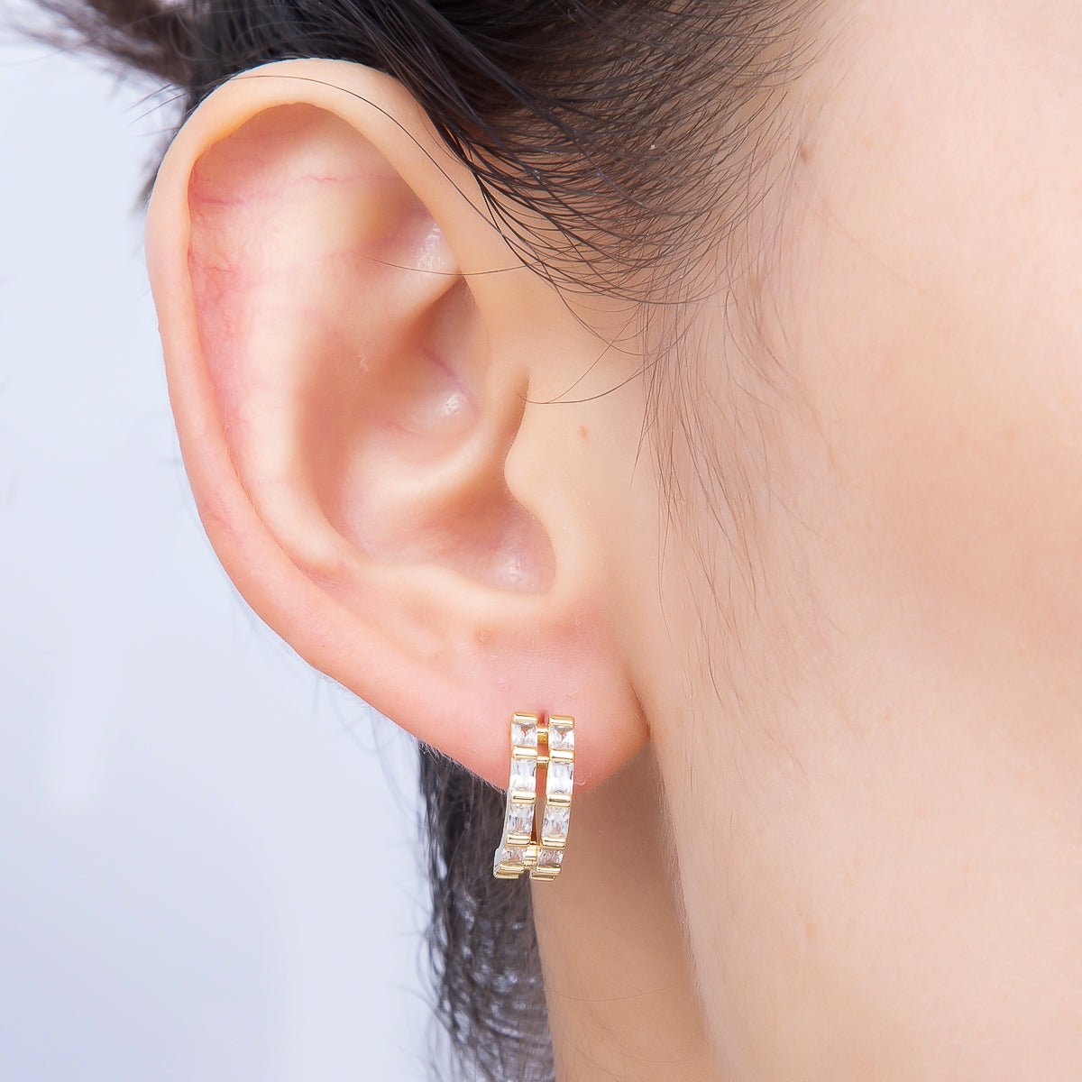 16K Gold Filled 13mm Clear CZ Double Baguette Huggie Hoop | Earrings-00683 - DLUXCA