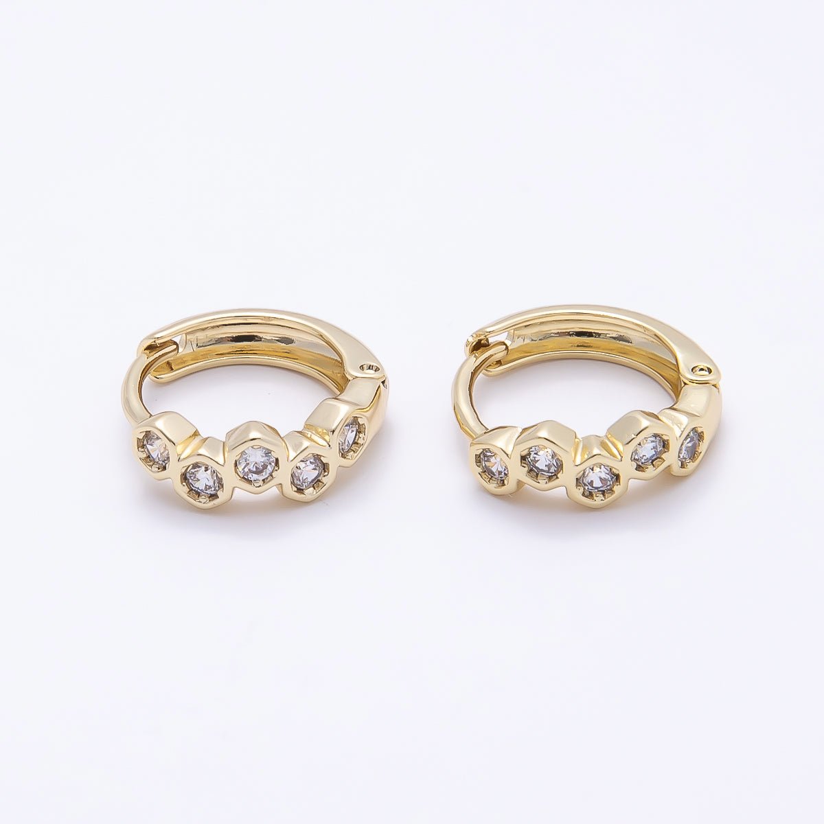16K Gold Filled 13mm Clear CZ Hexagonal Bezel Huggie Earrings | Earrings-00430 - DLUXCA
