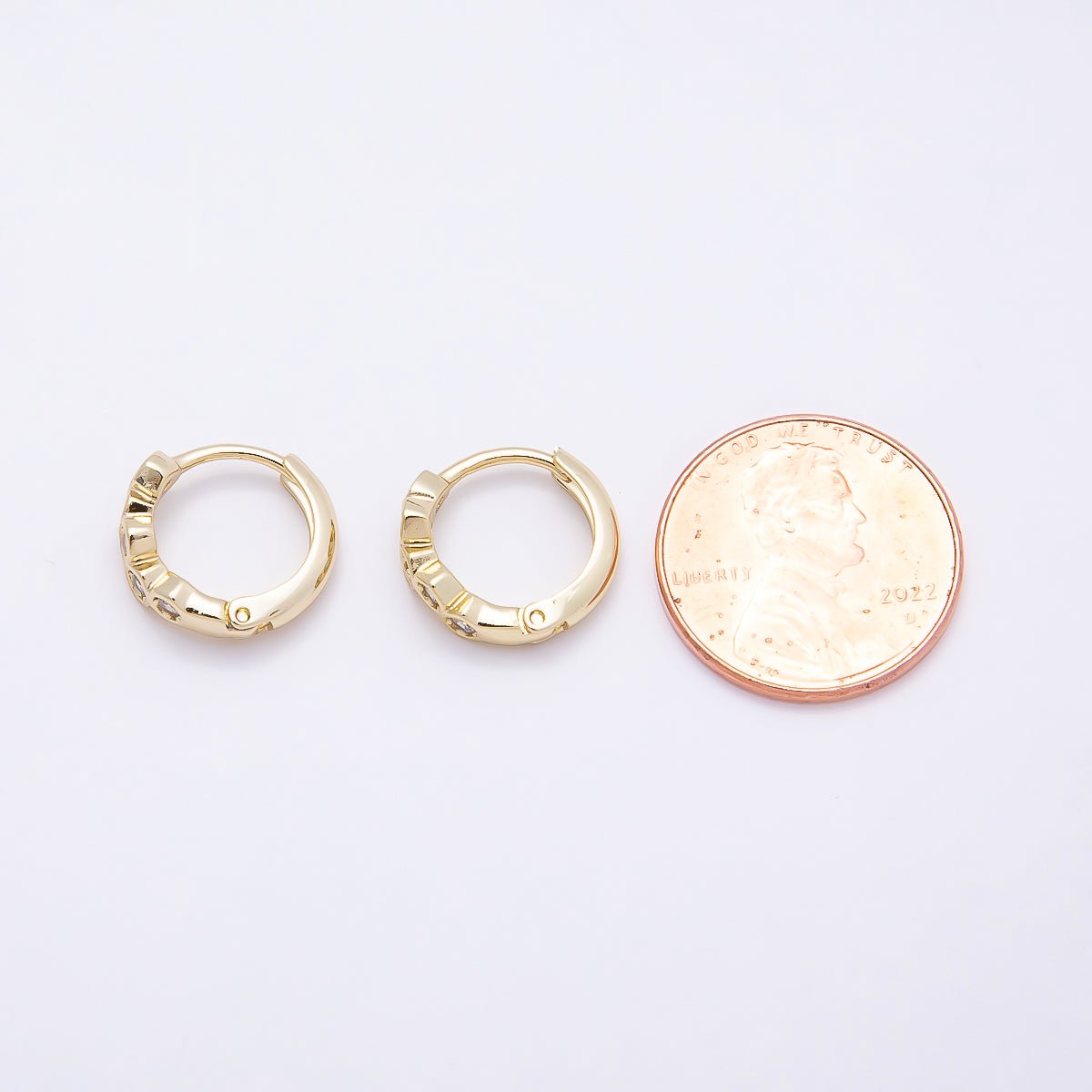 16K Gold Filled 13mm Clear CZ Hexagonal Bezel Huggie Earrings | Earrings-00430 - DLUXCA