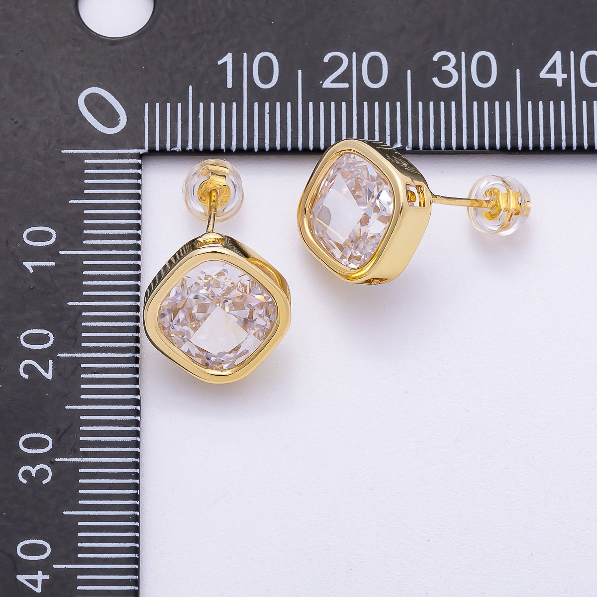 16K Gold Filled 13mm Clear CZ Rhombus Bezel Solitaire Stud Earrings | Earrings - 00304 - DLUXCA