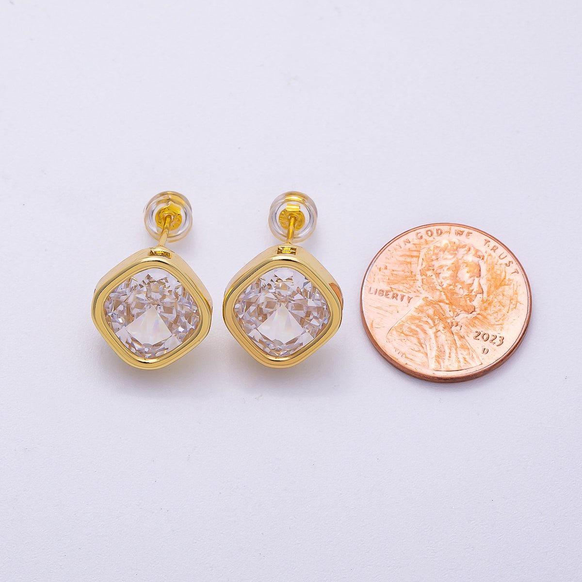 16K Gold Filled 13mm Clear CZ Rhombus Bezel Solitaire Stud Earrings | Earrings - 00304 - DLUXCA