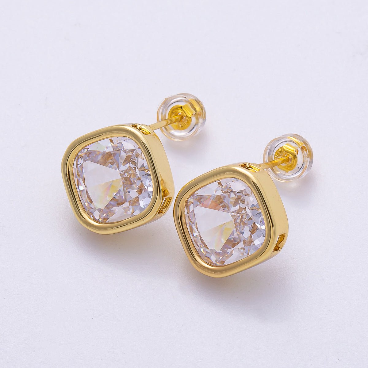 16K Gold Filled 13mm Clear CZ Rhombus Bezel Solitaire Stud Earrings | Earrings - 00304 - DLUXCA