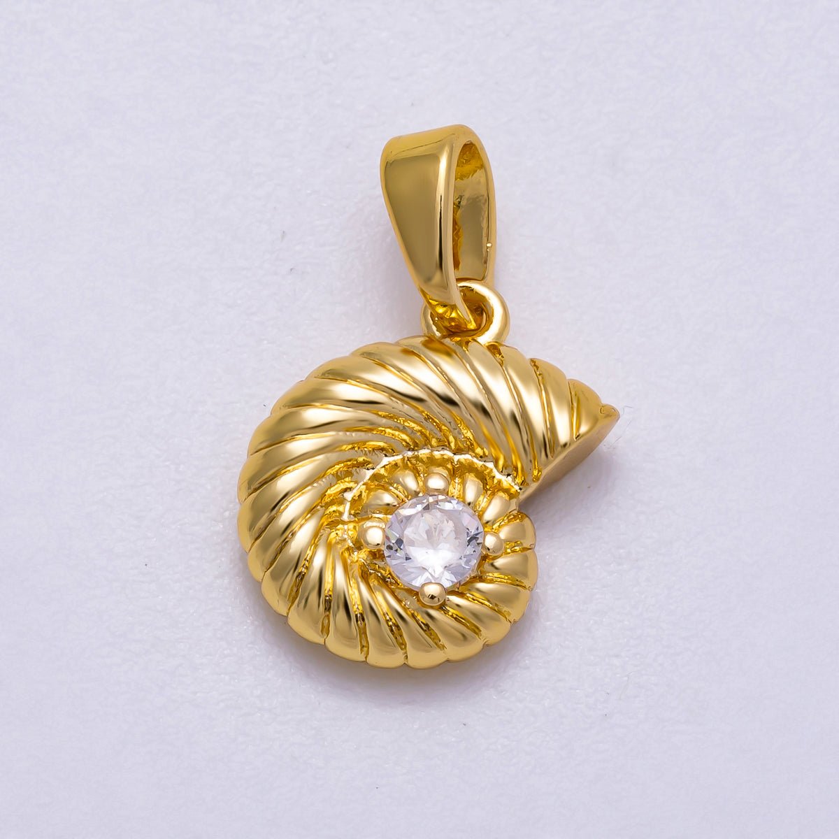 16K Gold Filled 13mm Clear CZ Ribbed Seashell Charm | Charms - 00595 - DLUXCA