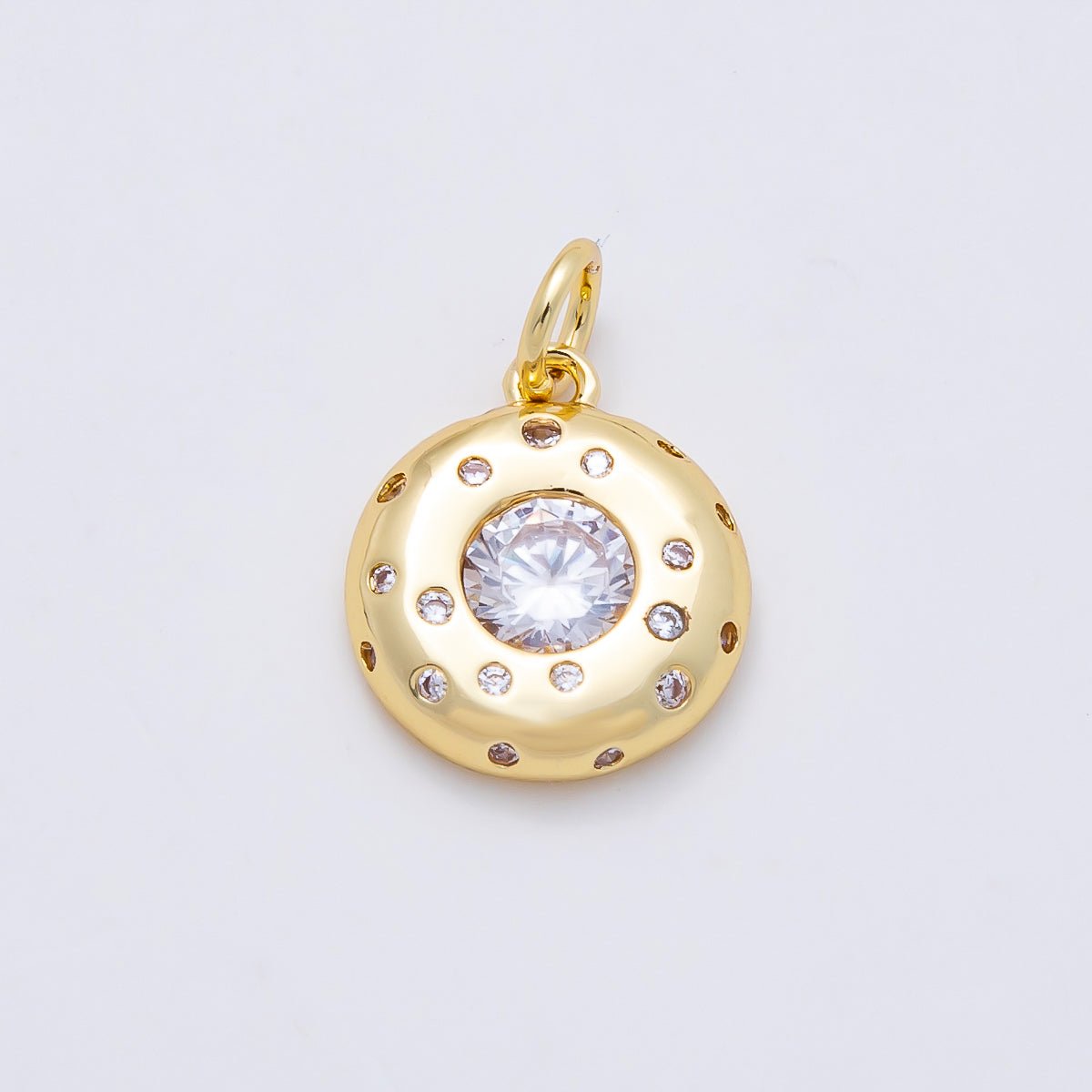 16K Gold Filled 13mm Clear CZ Round Dotted Bezel Charm | Charms-00979 - DLUXCA