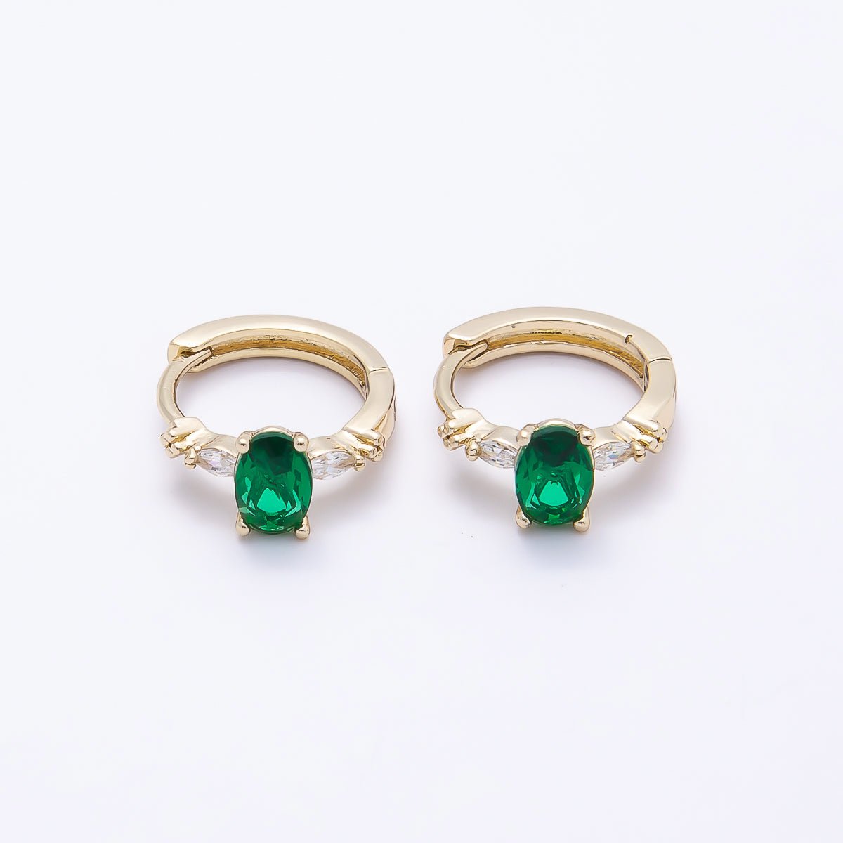16K Gold Filled 13mm Clear, Green, Purple, Blue, Black Oval CZ Huggie Earrings | Earrings - 00387 ~ Earrings - 0038 - DLUXCA