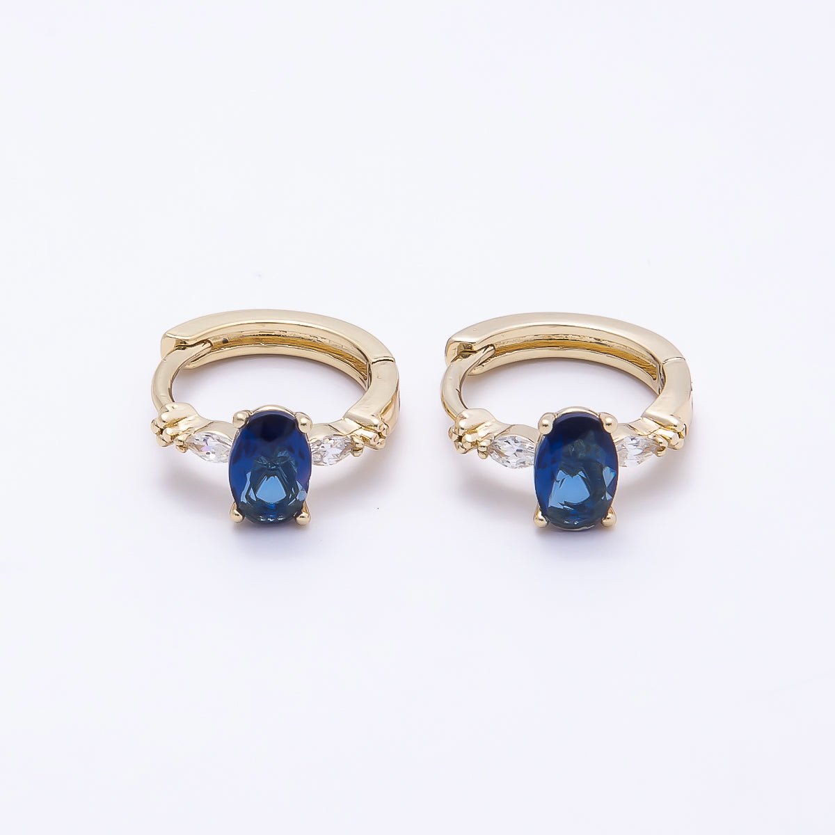 16K Gold Filled 13mm Clear, Green, Purple, Blue, Black Oval CZ Huggie Earrings | Earrings - 00387 ~ Earrings - 0038 - DLUXCA