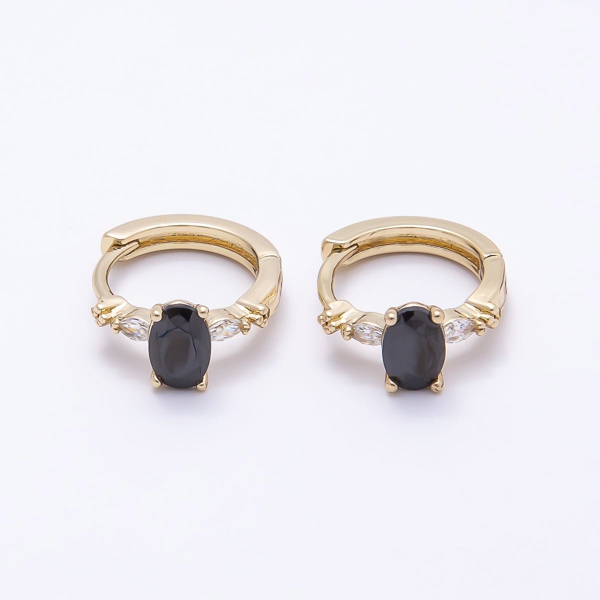 16K Gold Filled 13mm Clear, Green, Purple, Blue, Black Oval CZ Huggie Earrings | Earrings - 00387 ~ Earrings - 0038 - DLUXCA