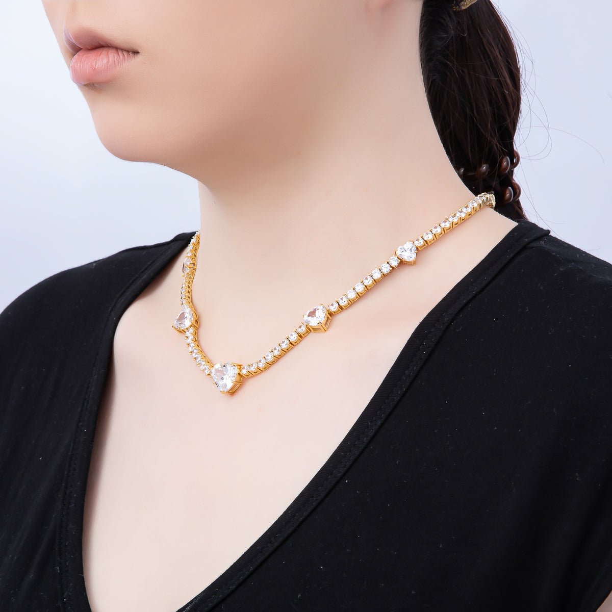 16K Gold Filled 13mm Graduated Heart Tennis Chain 17 Inch Necklace | WA - 04409 - DLUXCA