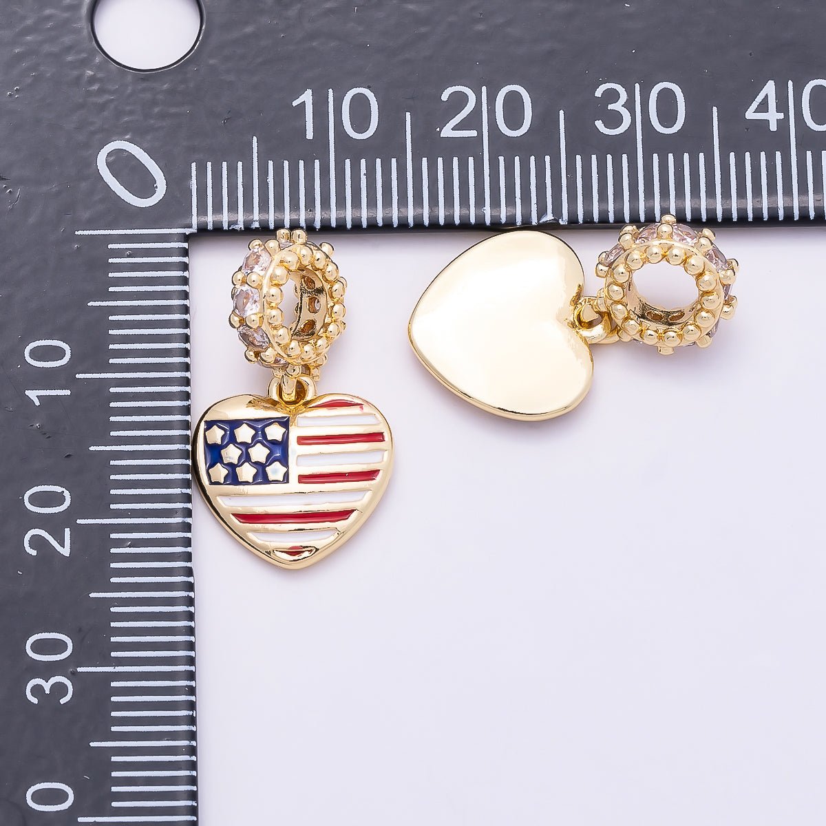 16K Gold Filled 13mm Micro Paved CZ Puffy Heart USA Flag Enamel Pendant | Charms-00961 - DLUXCA