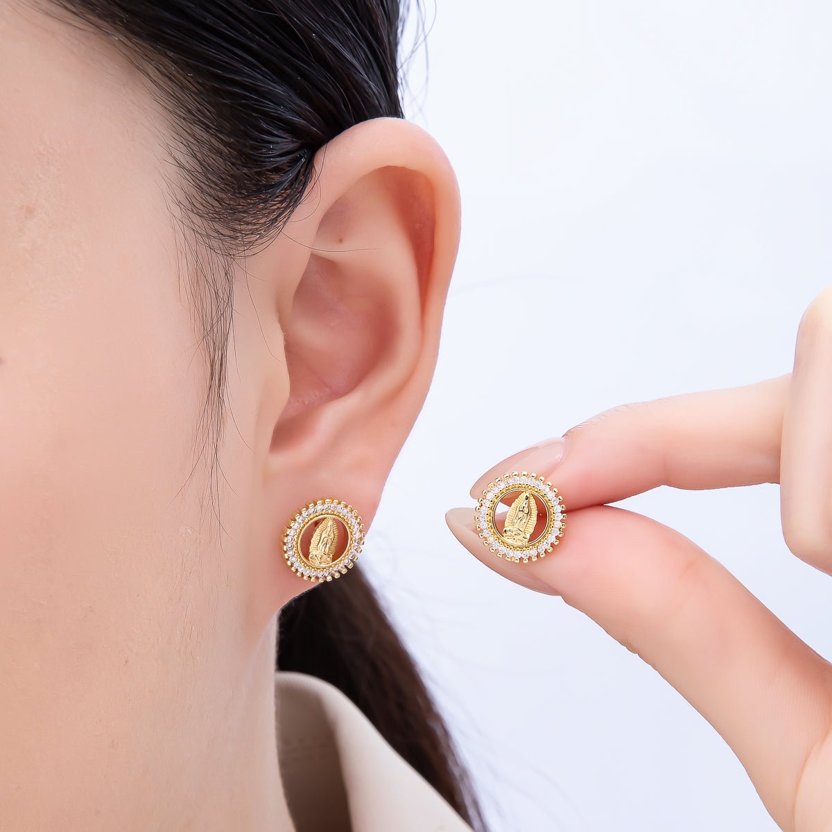 16K Gold Filled 13mm Micro Paved CZ Religious Mother Mary Open Round Stud Earrings | Earrings - 00346 - DLUXCA