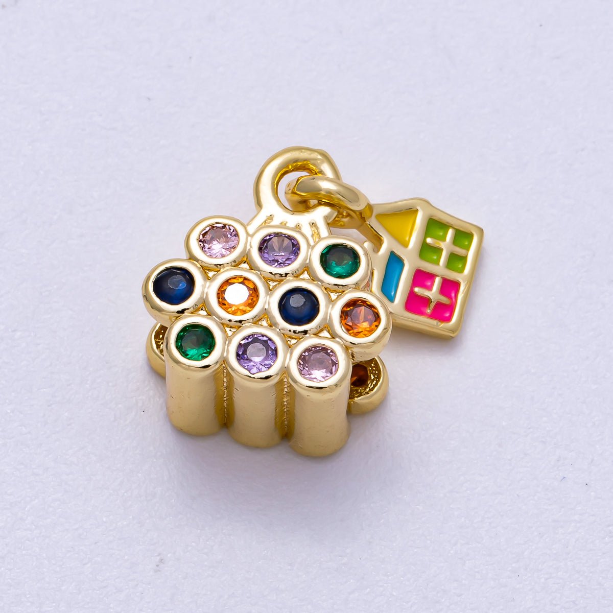 16K Gold Filled 13mm Multicolor CZ Enamel House Balloon Charm | Charms - 00624 - DLUXCA