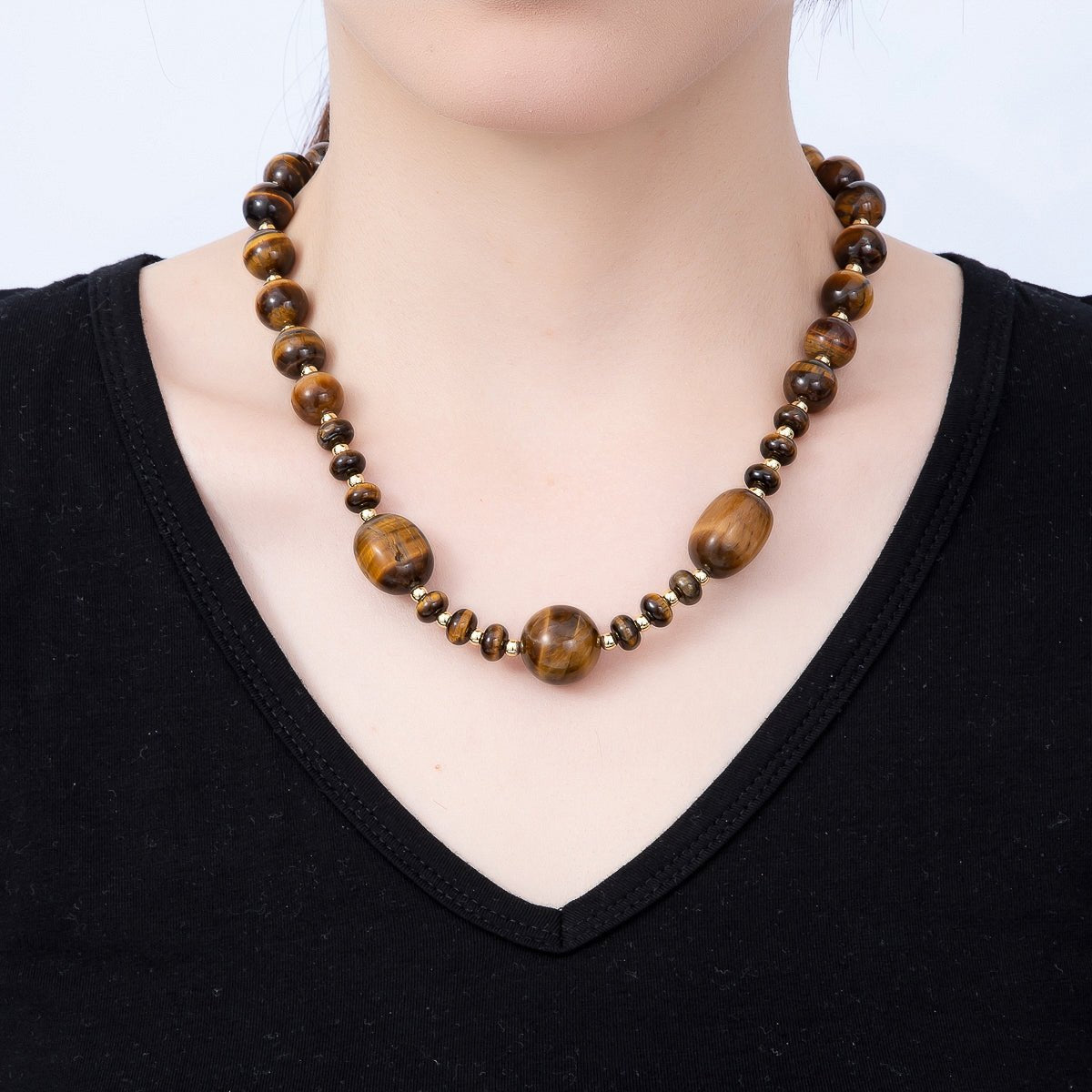 16K Gold Filled 13mm Tiger Eye Round Rondelle Rectangle Gemstone Chain 19 Inch Necklace w. Push Gate | WA-00189 - DLUXCA