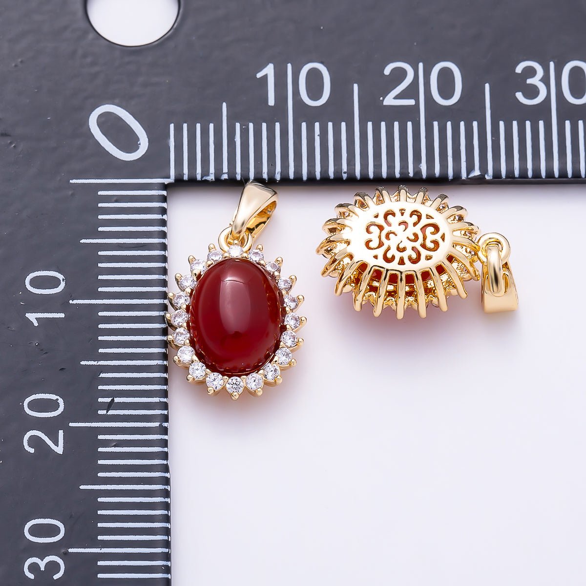 16K Gold Filled 14.5mm Carnelian, Amethyst Cabochon CZ Outline Oval Pendant | Charms-01497 Charms-01498 - DLUXCA
